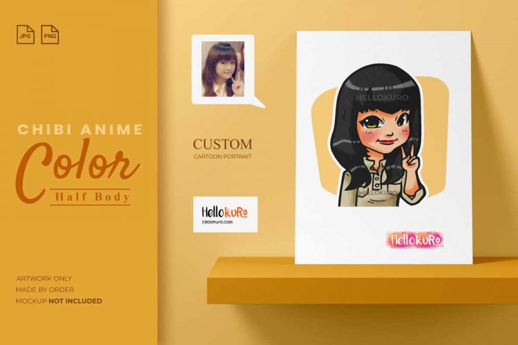 Chibi Anime Color (Half Body) - Custom Cartoon Portrait For Personalized Gift, Printable or Framed Wall Art by Hellokuro
