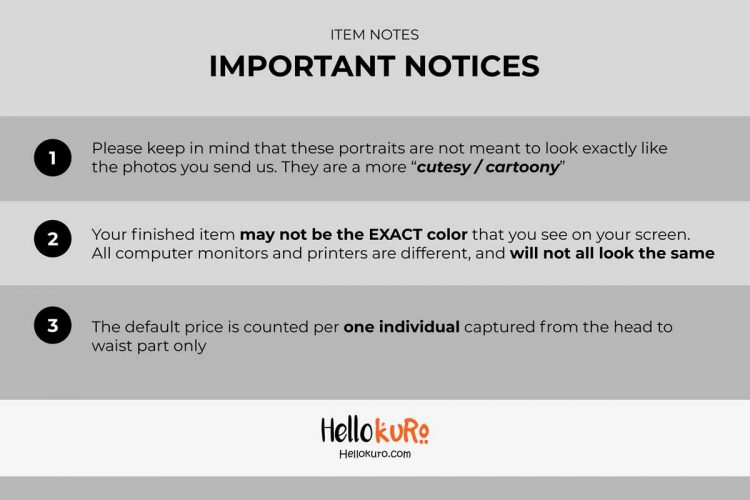 Important Notices of Chibi Anime Color (Half Body) - Custom Cartoon Portrait For Personalized Gift, Printable or Framed Wall Art by Hellokuro