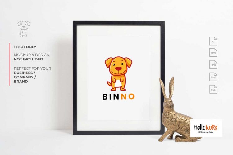 BINNO - Cute Puppy Kids Dog Simple Mascot Cartoon Logo Design For Your Pet Store or Pet Shop Brand in Framed or Printable Wall Art