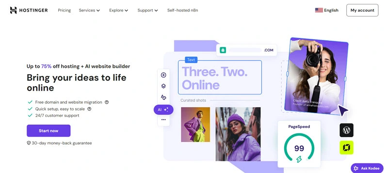 Hostinger comes with AI-powered tools and an easy-to-use site editor